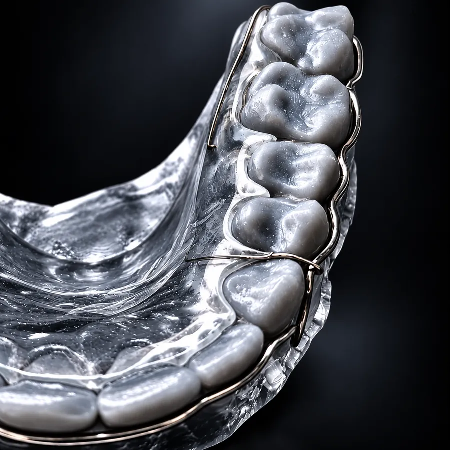 Contenção Wraparound em acrílico transparente com fio contornando os dentes, sobre fundo escuro